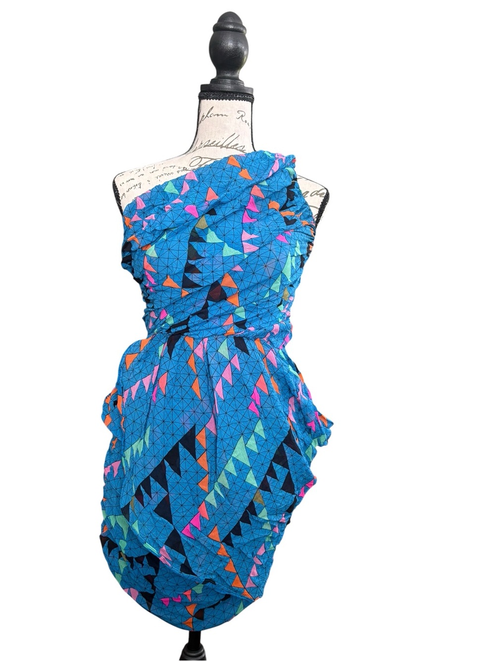 Mara Hoffman Teal One-Shoulder Geometric Print Dress with Pink & Orange Accents